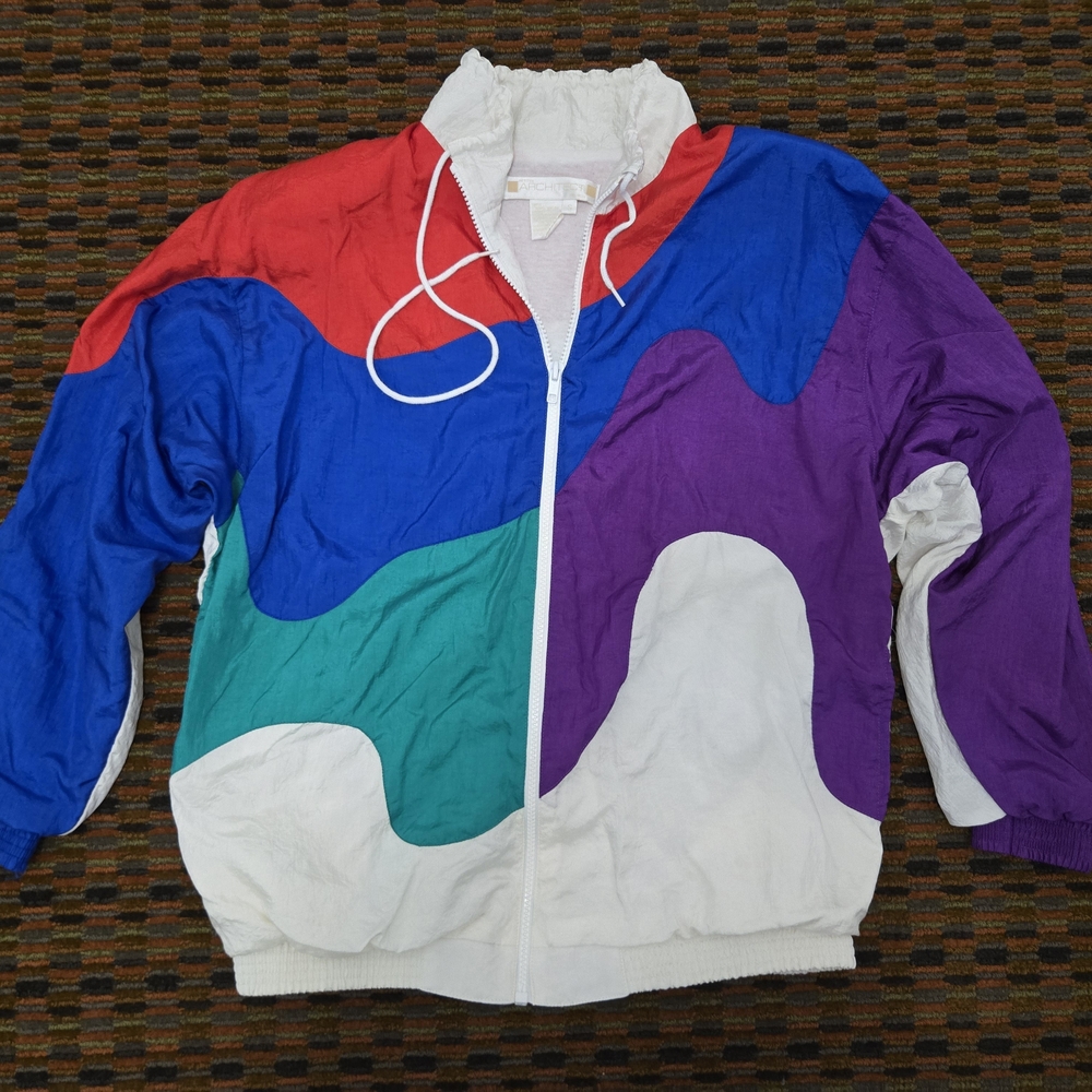 Petites Architect Colorblock Windbreaker Jacket Vintage 90s Nylon Zip Up Size Sm